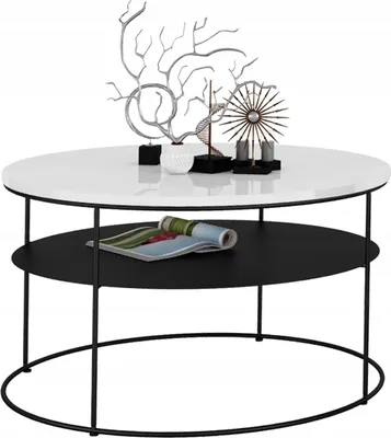 Zdjęcie produktu dla Okrągły Stolik Kawowy z Półką Salon Loft Metal 75x75x43 Czarny+Biały Połysk