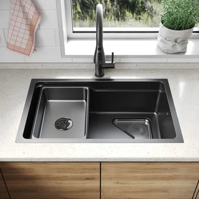 Produktbild von SONNI Schmalrandiges quadratisches Spülbecken 70 x 43 x 24 cm, Schwarz, mit dreieckigem Sieb , Abtropfbecken, Wasserhahn