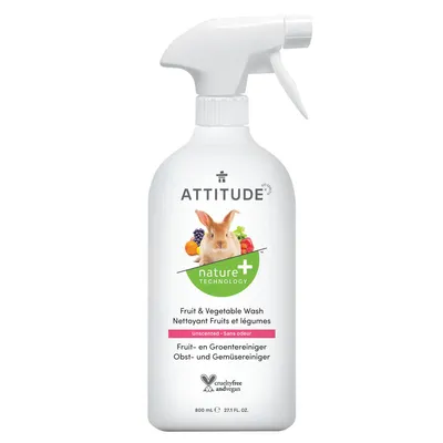 A white spray bottle of fruit and vegetable wash.