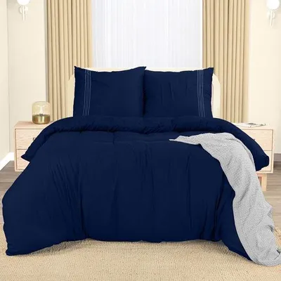 Zdjęcie produktu dla Zestaw pościeli Ibzoa® z mikrofibry – 200 x 200 cm, granatowy, 1x poszewka na kołdrę + 2x poszewki na poduszki, 100% poliester, miękka i hipoalergiczna, można prać w temperaturze do 60°C