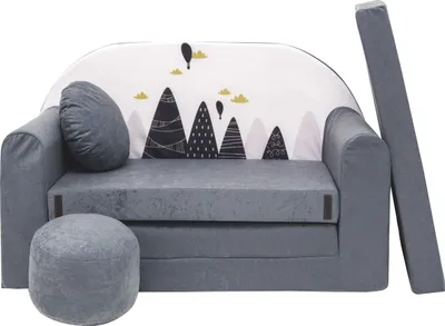 Produktbild von Kindersofa Schlafsofa 3in1 Velo Spielsofa für Kinder Sofa zum Aufklappen Funzy Kindercouch mit Schlaffunktion verschiedene Muster Grau Rosa Grün Tiermuster Bequem (AX2 Grau + Balons)