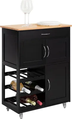 Immagine prodotto di Carrello portavivande - Mobile da cucina - Isola mobile da cucina - Ampio spazio con portabottiglie e cassetto - Facile mobilità con ruote bloccabili - Robusto MDF e legno di gomma - 67 cm x 87 cm x 38 cm - Nero