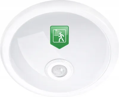 A white ceiling light with a motion sensor and a green shield icon indicating motion detection.