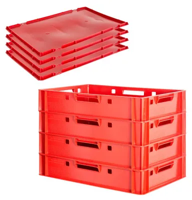 Produktbild von Fleischkiste E1 mit Deckeln Rot Kiste Eurobox Lebensmittelecht 60 x 40 Metzgerkiste Auswahl Stapelbar Kingpower, Anzahl:4