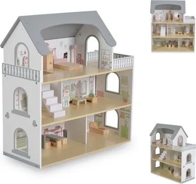 Produktbild von Moni Puppenhaus Ema Holz 3 Etagen Puppenfiguren 11-teiliges Möbelset Balkon weiß