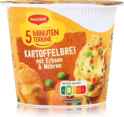 A product shot of a single-serving cup of instant mashed potatoes with peas and carrots.