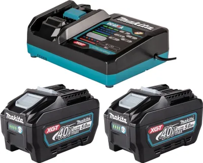 A product shot of a Makita battery charger and two batteries.