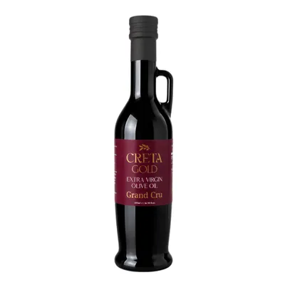 Creta Gold Grand Cru Olivenöl 500 ml Glasflasche mit Griff auf weißem Grund