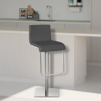 Zdjęcie produktu dla Nowoczesny, regulowany stołek barowy - Obicie siedziska wykonane z imitacji skóry - Obrót 360° i regulacja wysokości | Kolor: szary | Kolor podstawy: stal nierdzewna