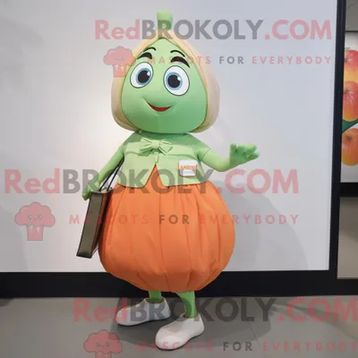 Obrázok produktu pre Maskot spoločnosti REDBROKOLY, ktorý má podobu broskyňovej cukety, je oblečený v sukni a kabelke