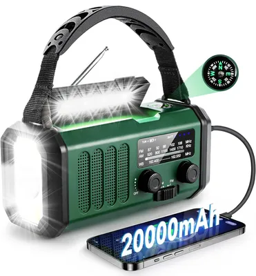 Produktbild von 20000mAh Solar radio mit AM/FM Geeignet,Camping/Wandern/Outdoo Notfallradio,Tragbare Kurbelradio,14W LED Taschenlampe-Leselicht/SOS-Alarm/Kompa