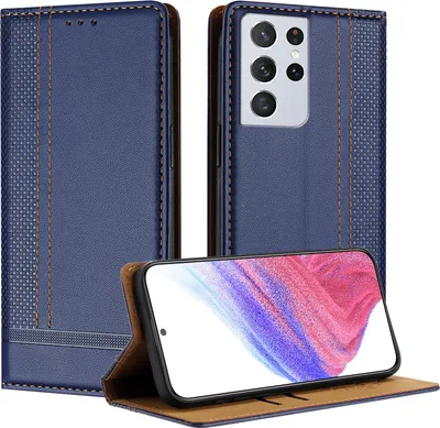 Produktbild von Handyhülle für Samsung Galaxy S21 Ultra 5G Leder Flip Klappbare Schutzhülle mit Standfunktion Blau