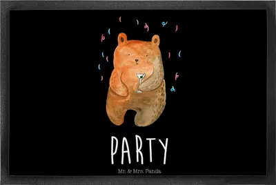 Produktbild von Mr. & Mrs. Panda Vorleger Bär Party 40 x 60 cm - Schwarz - Geschenk, Lustig, Teddy, Feiern, Geburtstag, Geburtstagsgeschenk, fußmatte, Bodenvorleger, Fussmatte