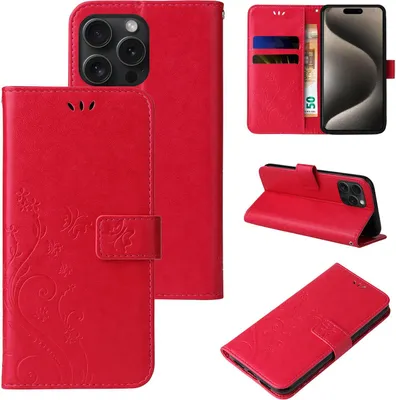 Produktbild von Handyhülle für Apple iPhone 16 Pro Floral Blumen Schmetterling Flip Cover Hülle Case Klapphülle Handytasche Farbe: Rot