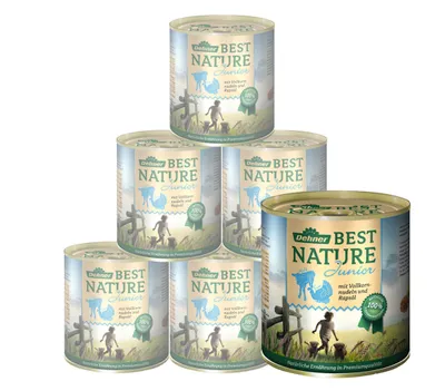 Produktbild von Dehner Best Nature Hundefutter, Nassfutter für Welpen und junge Hunde, Pute / Kalb / Vollkornnudeln, 6 x 800 g Dose (4.8 kg)