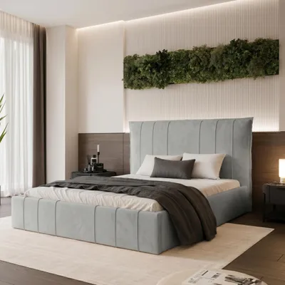 Productafbeelding van Boxspringbed TERENZO 160x200, tauvegrijs, fluweel, met bedopslag en lattenbodem