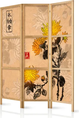 Produktbild von 3-teiliger Einseitiger Vlies Japanischer Paravent - Style: Chrysanthemums 135x172 cm Orient p-B-0004-z-b