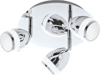 A chrome LED ceiling light with three adjustable spotlights.