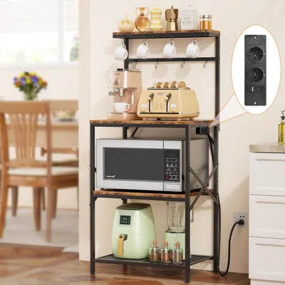 Image de Étagère de cuisine AIORBER avec prise électrique, 4 niveaux, étagère pour micro-ondes avec crochets, réglable en hauteur, étagère de bar à café, modèle sur pied, métal et bois, marron