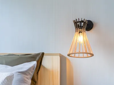 Produktbild von LED Wandeuchte innen skandinavisch mit Schalter & Lampenschirm Holzoptik H: 24cm