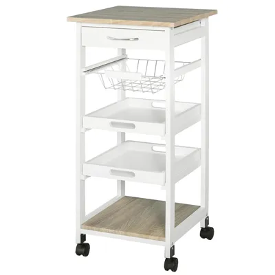 Image de HOMCOM Chariot de service desserte de cuisine à roulettes panier + 2 plateaux amovibles, tiroir, étagère MDF chêne clair bois pin blanc