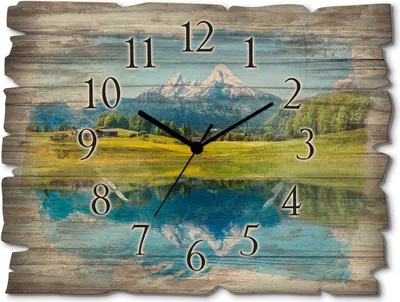 Produktbild von ARTland Holz Wanduhr Funkuhr - schwarzer Zeiger Landschaft in den Alpen Größe: 40x30 cm