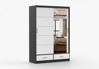 Produktbild von FRENCE Schwebetürenschrank Kleiderschrank 150 cm Schwarz/Weiß matt mit Spiegel, Schubladen, Schiebetürenschrank