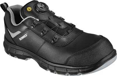 A black RUNNEX safety shoe is shown from a side angle against a white background.