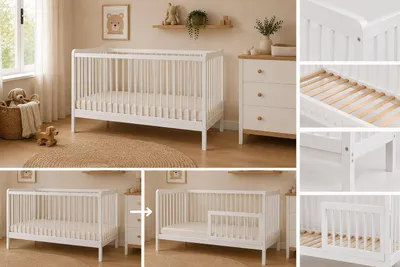 Image de Lit bébé Sasha 120x60 cm en Bois de hêtre, Transformable en lit Junior avec barrière de sécurité,  en 716, réglable en Hauteur , Blanc