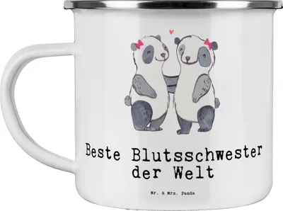 Produktbild von Mr. & Mrs. Panda Emaille Tasse Panda Beste Blutsschwester der Welt - Weiß - Geschenk, Motivtasse, Familie, Geschenkidee, Pott, Teetasse, Schwesterherz, Freundin, Liebe
