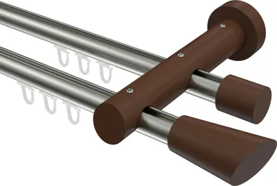 Produktbild von Interdeco Innenlaufstange / Gardinenstange mit Innenlauf Edelstahl-Optik / Nussbaum lackiert, Typ Talent Bero (Konus Schräge), 20 mm Ø 2-läufig, 540 cm