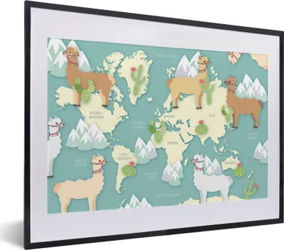 Produktbild von MuchoWow® MuchoWow® Gerahmtes Poster Weltkarte - Alpaka - Berge 40x30 cm - Poster mit zchwarzem Bilderrahmen - Bilderrahmen - Poster im Rahmen