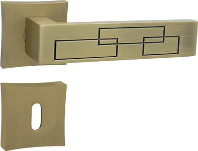 A door handle set with a square rosette and a rectangular handle with a geometric pattern, shown against a white background.