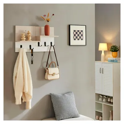 Produktbild von Wandgarderobe mit 2 Ablagen und 5 Doppelhaken, Flurgarderobenpaneel 34 x 59 x 13 cm, Beige/Weiß