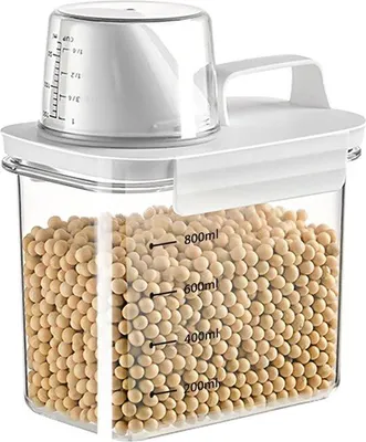 Immagine prodotto di Contenitore per muesli, scatola per detersivi, scatola con misurino, barattoli con coperchio, ermetici, scatole per alimenti secchi, riso, farina, detersivo, cibo per cani (1100 ml)