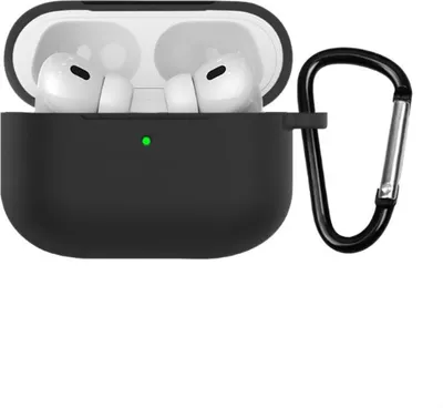 A black silicone case for AirPods Pro with a carabiner attached.