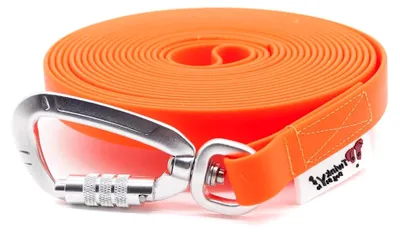 Produktbild von Hundeleine Schleppleine wasserabweisend 15 mm breit mit Sicherheitskarabiner für Hunde 5 Meter mit Handschlaufe Neon Orange