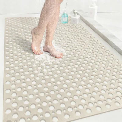 Image de Tapis de douche antidérapant, 80x120 cm, couleur kaki, en TPE, avec ventouses et trous de drainage