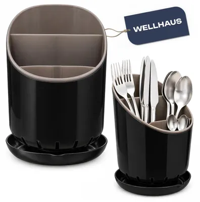 Immagine prodotto di WELLHAUS Scolapiatti ovale 19x12 cm, nero-grigio, portaposate, organizer da cucina