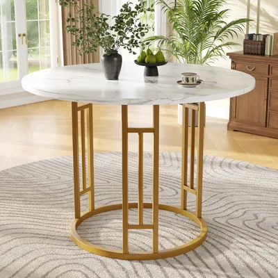 Produktbild von Flieks Rundtisch Esstisch 80x80x76 cm, Küchentisch mit marmorierte Tischplatte, stilvolle goldene Tischbeine aus Metall, Couchtisch für Esszimmer