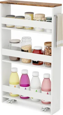 A white rolling storage cart with four shelves filled with various food items and bottles, set against a white background.