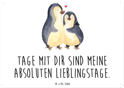 Produktbild von Mr. & Mrs. Panda tafel Pinguin umarmen DIN A3 - Weiß - Geschenk, Liebe, wandtafel, Schild, Paar, Hochzeitstag, Türschild, Umarmung, Retro Blechschild, Wandbild, Hochzeit