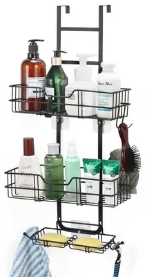 Produktbild von Ibenzoa® Duschablage ohne Bohren – Hänge-Regal 32×13,6×64 cm, rostbeständiges Metall, 2 Körbe & Seifenschale, 2 Haken, 3 Saugnäpfe, für Duschtüren bis 4,6 cm