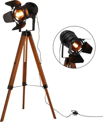 Produktbild von Kino-Stativ-Stehlampe aus Holz mit verstellbarem schwarzem Strahler. Retro-Industrie-Nautik-Stil für Wohnzimmer/Arbeitszimmer, E27