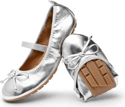 Produktbild von DREAM PAIRS Mädchen Ballerinas Weiße Kommunionsschuhe Festliche Prinzessinnen Flache Schuhe Mary Jane Schuhe Mit Schleife Leichtes Anziehen Faltbar Waschbar,Farbe: SILBER, Größe: 36