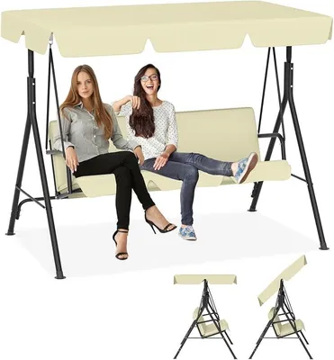 Produktbild von Hollywoodschaukel mit Verstellbares Sonnendach,176x110x152cm Gartenchaukel 3 Sitzer,Gartenliege Wetterfest,Schaukelbank für Garten & Terrasse,bis 200kg Belastbar,Beige