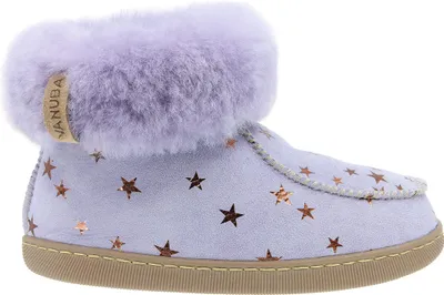 Produktbild von Vanuba Kinder Hausschuhe Peppin in Gr. 26-35, lilafarbenes Leder mit Sternen, Handmade Hüttenschuhe aus natürlichem Lammfell- Gr. 35 EU