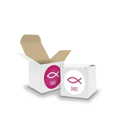 Produktbild von SET Fisch DANKE (Motiv34) 24x Faltschachtel Würfel 5cm weiß innen braun+Sticker