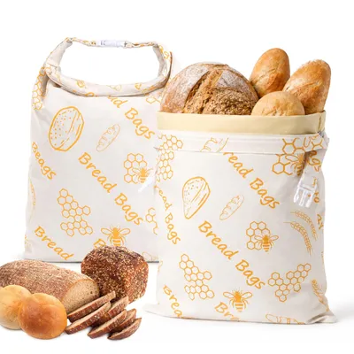 Image de 2 sacs en cire d'abeille pour le pain, dimensions 43 cm x 34 cm, sacs réutilisables pour conserver le pain, avec fermeture éclair et poignée. Sacs pour conserver le pain, écologiques
