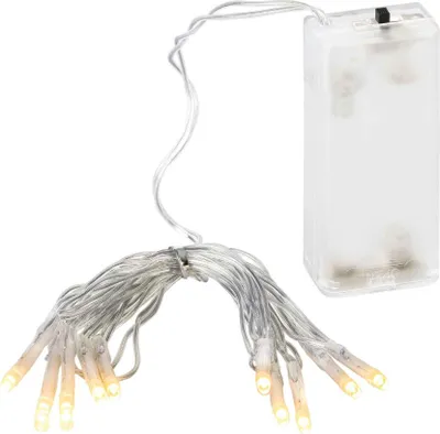 A battery-powered LED string light with a white wire and a clear battery pack.